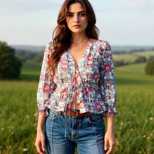 Per‎ Una Shirred Lace-Up V-Neck Blue Floral Cotton Blouse Billowy Sleeves Size 6